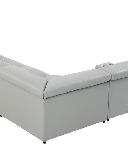 Light Gray Italian Leather Power Reclining U Shaped Seven Piece Corner Sectional With Console