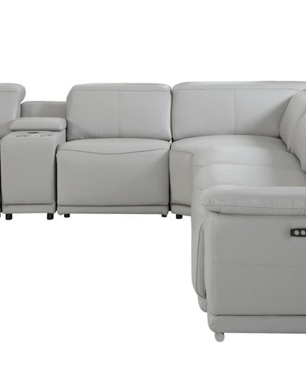 Light Gray Italian Leather Power Reclining U Shaped Seven Piece Corner Sectional With Console