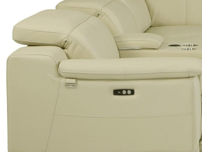 Beige Italian Leather Power Reclining U Shaped Seven Piece Corner Sectional With Console