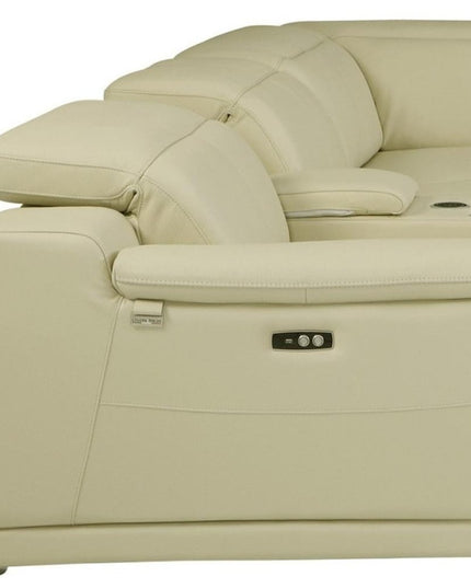 Beige Italian Leather Power Reclining U Shaped Seven Piece Corner Sectional With Console