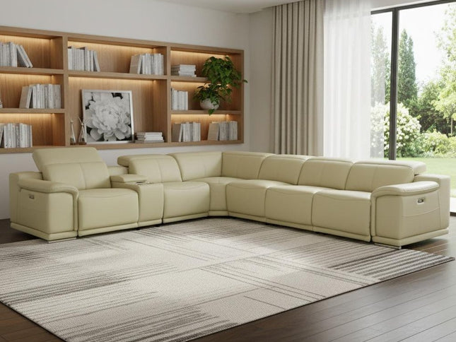 Beige Italian Leather Power Reclining U Shaped Seven Piece Corner Sectional With Console