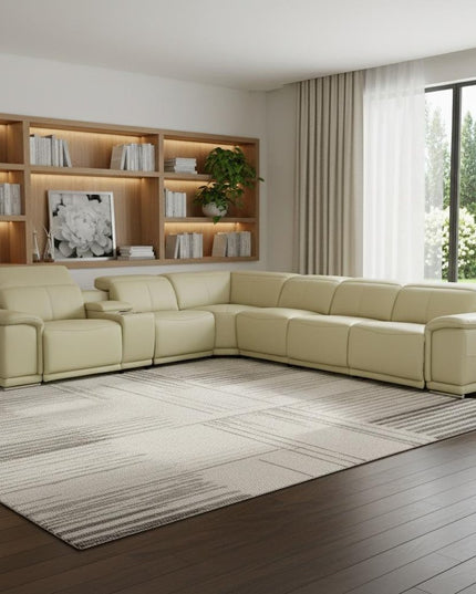 Beige Italian Leather Power Reclining U Shaped Seven Piece Corner Sectional With Console