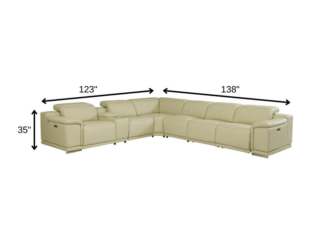 Beige Italian Leather Power Reclining U Shaped Seven Piece Corner Sectional With Console