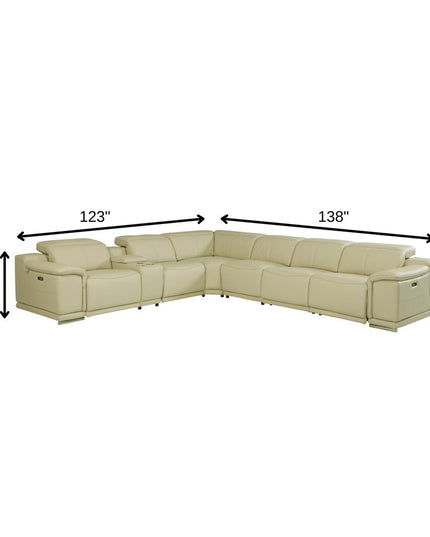 Beige Italian Leather Power Reclining U Shaped Seven Piece Corner Sectional With Console