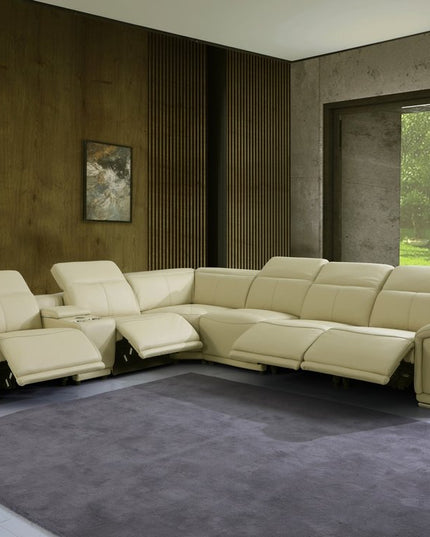 Beige Italian Leather Power Reclining U Shaped Seven Piece Corner Sectional With Console