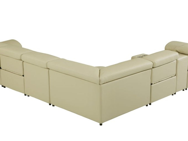Beige Italian Leather Power Reclining U Shaped Seven Piece Corner Sectional With Console