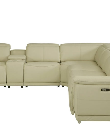 Beige Italian Leather Power Reclining U Shaped Seven Piece Corner Sectional With Console