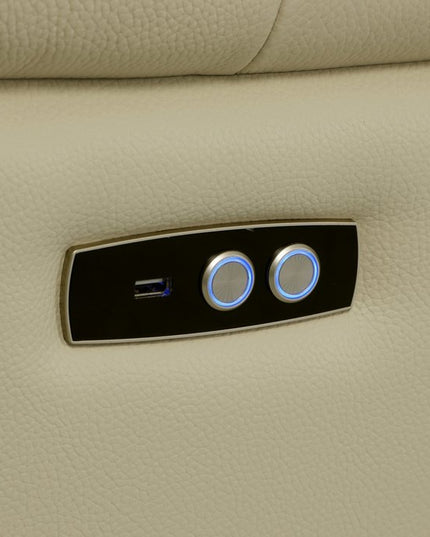 Beige Italian Leather Power Reclining U Shaped Seven Piece Corner Sectional With Console