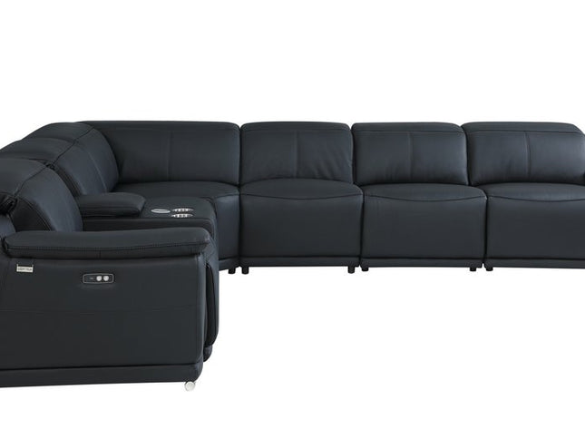 Black Italian Leather Power Reclining U Shaped Seven Piece Corner Sectional With Console