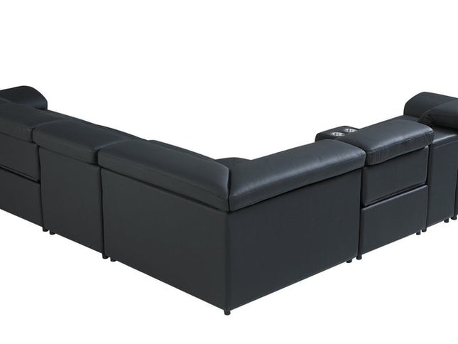 Black Italian Leather Power Reclining U Shaped Seven Piece Corner Sectional With Console