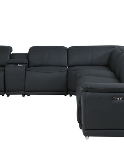 Black Italian Leather Power Reclining U Shaped Seven Piece Corner Sectional With Console