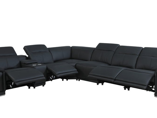 Black Italian Leather Power Reclining U Shaped Seven Piece Corner Sectional With Console
