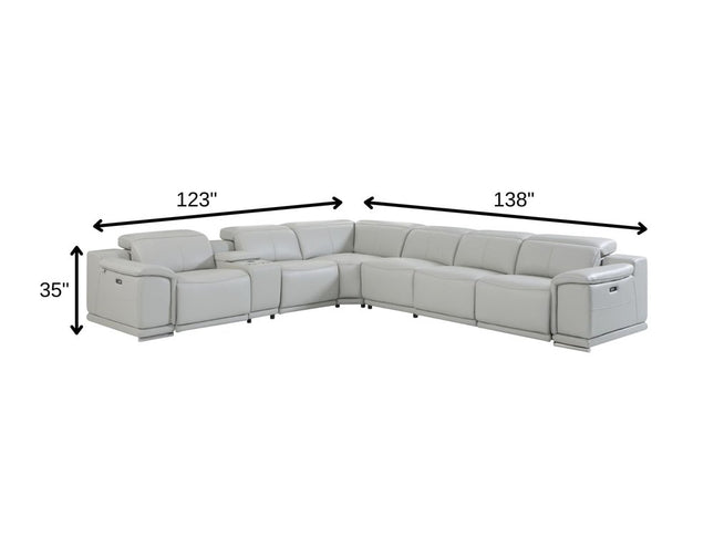 Light Gray Italian Leather Power Reclining U Shaped Seven Piece Corner Sectional With Console