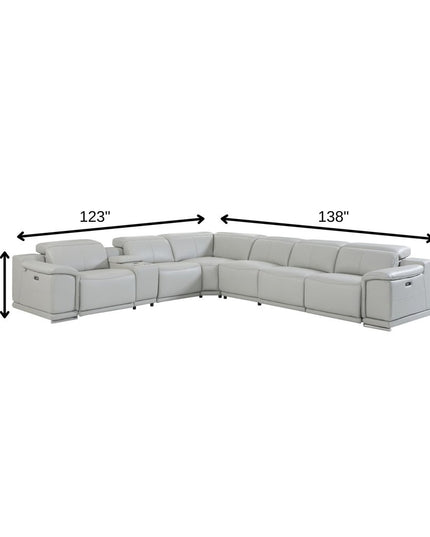 Light Gray Italian Leather Power Reclining U Shaped Seven Piece Corner Sectional With Console