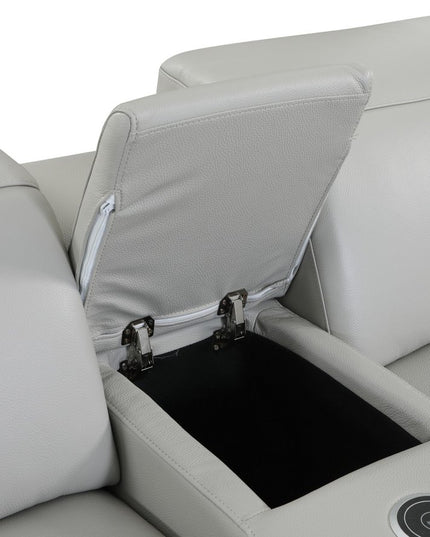 Light Gray Italian Leather Power Reclining U Shaped Seven Piece Corner Sectional With Console