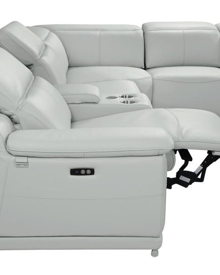 Light Gray Italian Leather Power Reclining U Shaped Seven Piece Corner Sectional With Console
