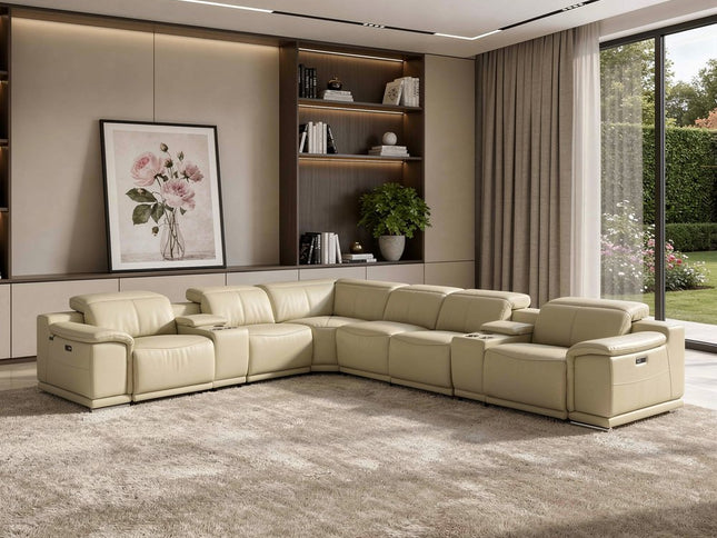 Beige Italian Leather Power Reclining U Shaped Eight Piece Corner Sectional With Console