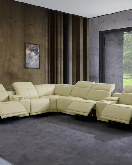 Beige Italian Leather Power Reclining U Shaped Eight Piece Corner Sectional With Console