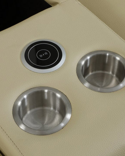 Beige Italian Leather Power Reclining U Shaped Eight Piece Corner Sectional With Console