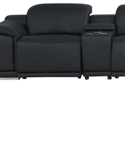 Black Italian Leather Power Reclining U Shaped Eight Piece Corner Sectional With Console