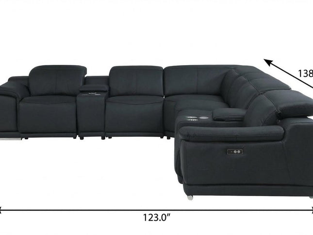 Black Italian Leather Power Reclining U Shaped Eight Piece Corner Sectional With Console