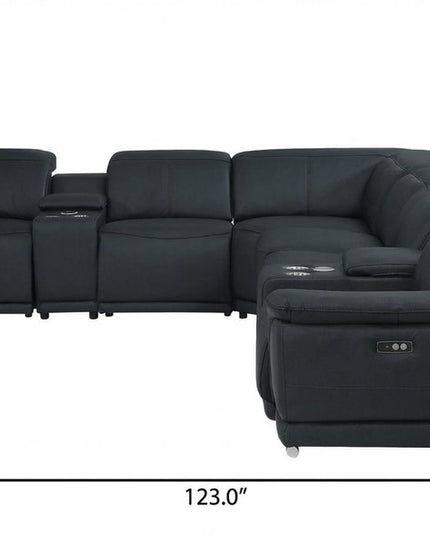 Black Italian Leather Power Reclining U Shaped Eight Piece Corner Sectional With Console