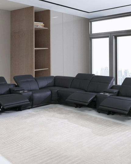 Black Italian Leather Power Reclining U Shaped Eight Piece Corner Sectional With Console