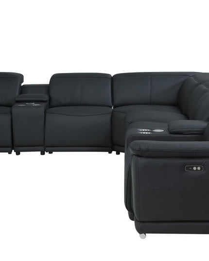 Black Italian Leather Power Reclining U Shaped Eight Piece Corner Sectional With Console