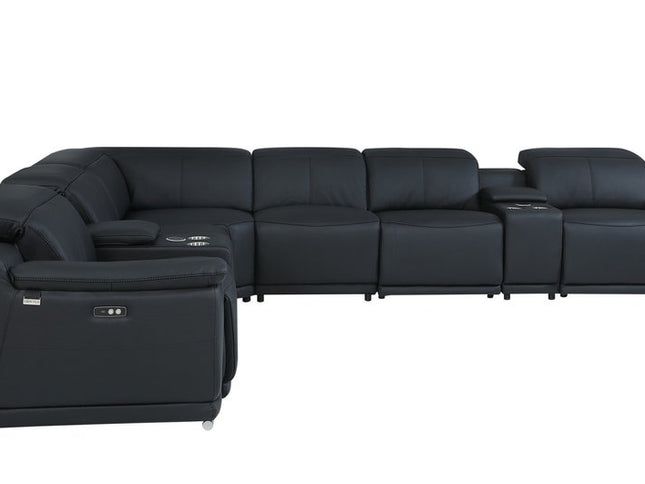 Black Italian Leather Power Reclining U Shaped Eight Piece Corner Sectional With Console