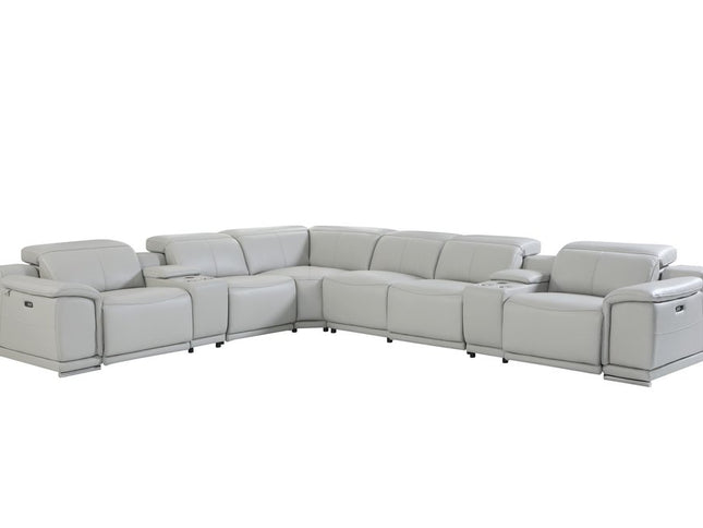 Light Gray Italian Leather Power Reclining U Shaped Eight Piece Corner Sectional With Console