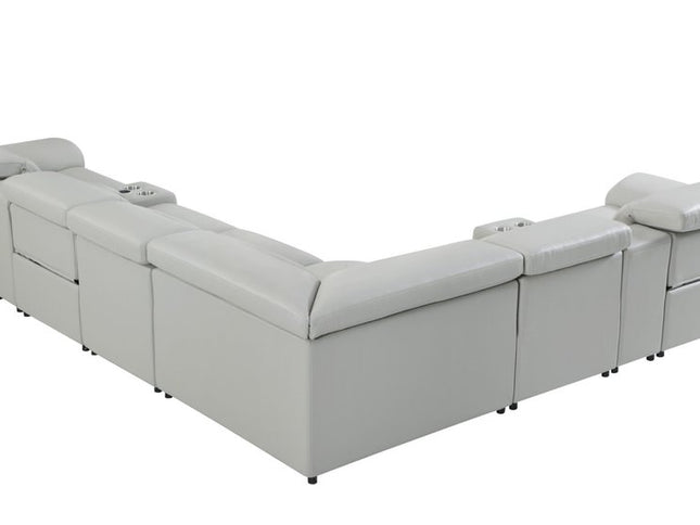 Light Gray Italian Leather Power Reclining U Shaped Eight Piece Corner Sectional With Console