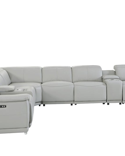 Light Gray Italian Leather Power Reclining U Shaped Eight Piece Corner Sectional With Console