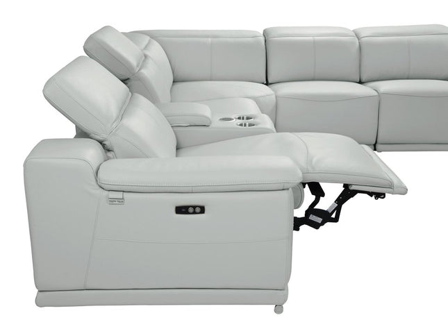 Light Gray Italian Leather Power Reclining U Shaped Eight Piece Corner Sectional With Console