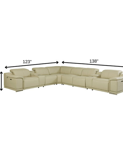 Beige Italian Leather Power Reclining U Shaped Eight Piece Corner Sectional With Console