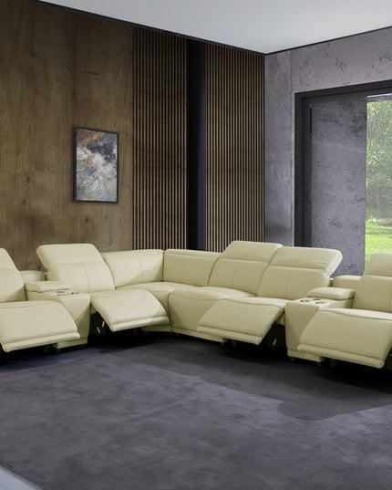 Beige Italian Leather Power Reclining U Shaped Eight Piece Corner Sectional With Console