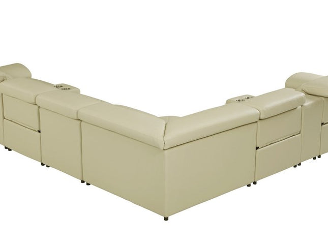 Beige Italian Leather Power Reclining U Shaped Eight Piece Corner Sectional With Console