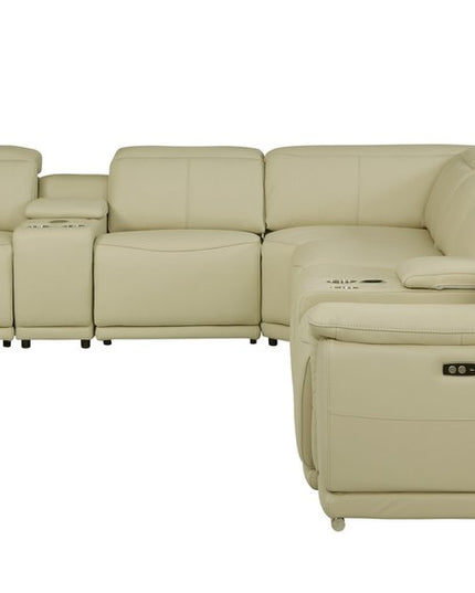 Beige Italian Leather Power Reclining U Shaped Eight Piece Corner Sectional With Console