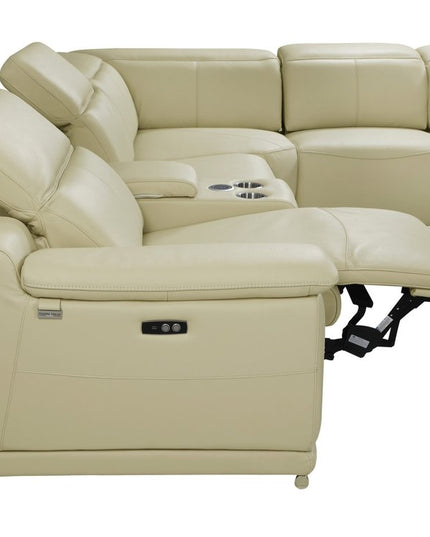 Beige Italian Leather Power Reclining U Shaped Eight Piece Corner Sectional With Console