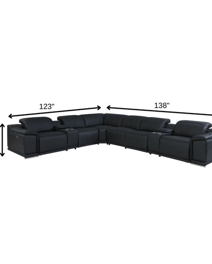 Black Italian Leather Power Reclining U Shaped Eight Piece Corner Sectional With Console