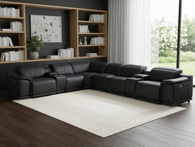 Black Italian Leather Power Reclining U Shaped Eight Piece Corner Sectional With Console