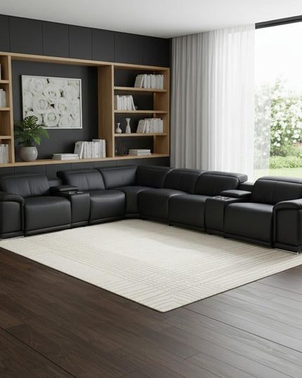 Black Italian Leather Power Reclining U Shaped Eight Piece Corner Sectional With Console