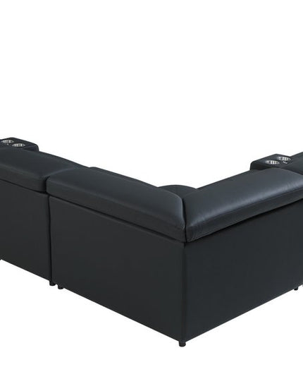 Black Italian Leather Power Reclining U Shaped Eight Piece Corner Sectional With Console