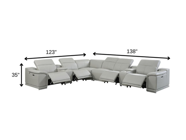 Light Gray Italian Leather Power Reclining U Shaped Eight Piece Corner Sectional With Console