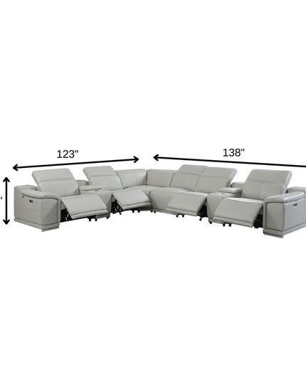 Light Gray Italian Leather Power Reclining U Shaped Eight Piece Corner Sectional With Console