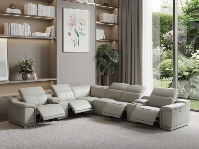 Light Gray Italian Leather Power Reclining U Shaped Eight Piece Corner Sectional With Console