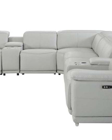 Light Gray Italian Leather Power Reclining U Shaped Eight Piece Corner Sectional With Console