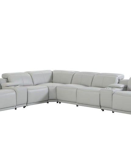 Light Gray Italian Leather Power Reclining U Shaped Eight Piece Corner Sectional With Console