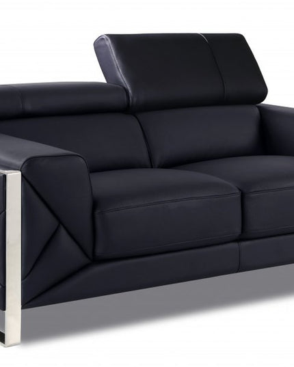 75" Black And Silver Italian Leather Loveseat
