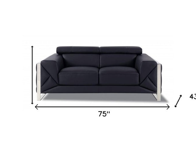 75" Black And Silver Italian Leather Loveseat