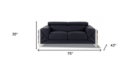 75" Black And Silver Italian Leather Loveseat